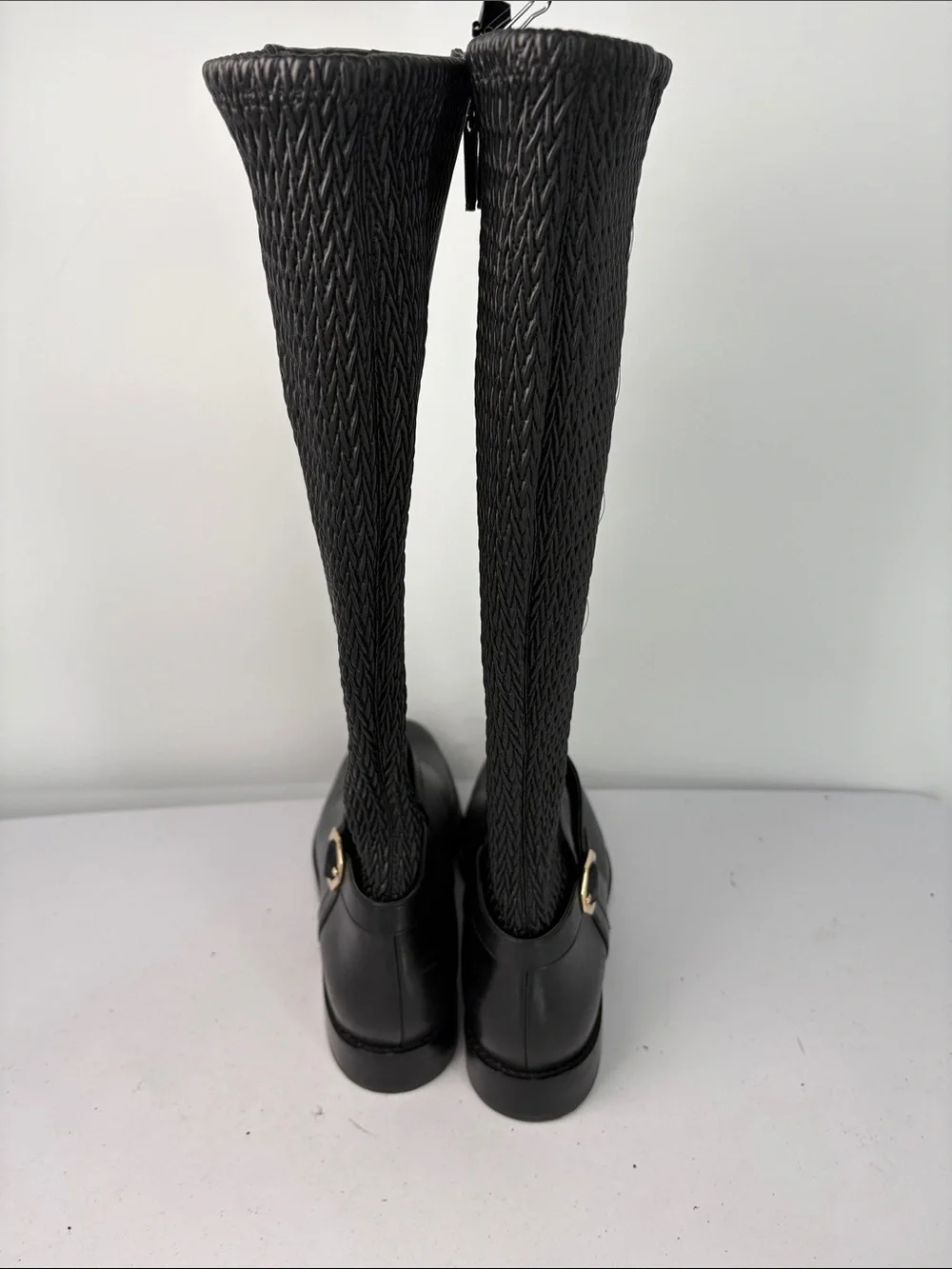 🥯 Cole Haan Black to-the-Knee Leather Stretch Boots with Gold Buckle